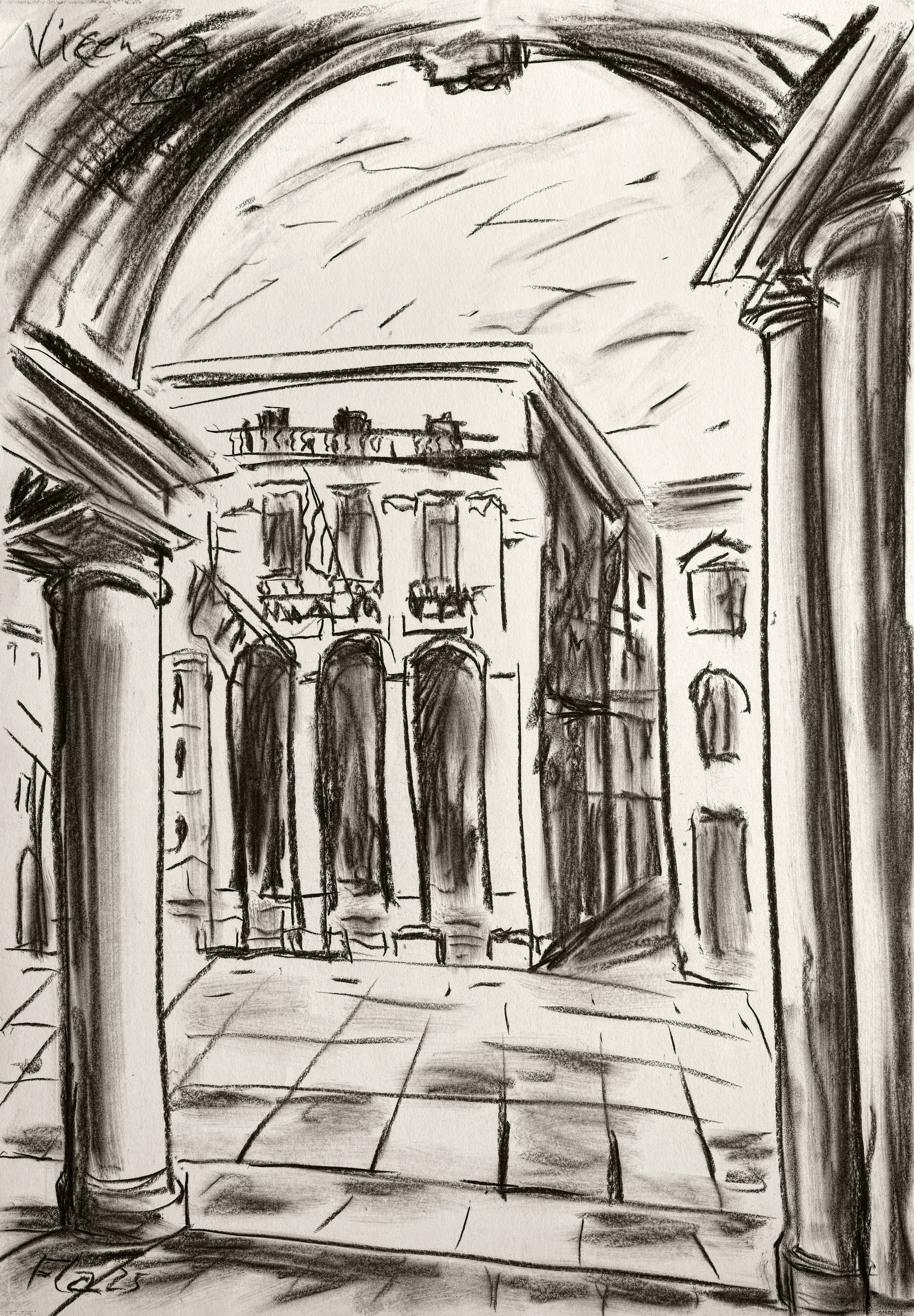 Bildtitel: Loggia del Capitaniato an der Piazza del Signori, Vicenza Technik: Kohlestift auf Karton, 70 x 100 cm, 2025 Künstler: Peter Flachmann, 2025  Kurzbeschreibung: Das Bild zeigt eine großformatige, expressive Schwarz-Weiß-Zeichnung der Loggia del Capitaniato, einem bedeutenden Renaissance-Bauwerk an der Piazza dei Signori in Vicenza. Die Arbeit wurde im Jahr 2025 vom Künstler Peter Flachmann mit Kohlestift auf Karton in den Maßen 100 x 70 cm ausgeführt.  Die Komposition nutzt eine starke rahmende Perspektive: Der Blick des Betrachters wird durch einen mächtigen, dunkel schattierten Rundbogen im Vordergrund auf die Fassade des historischen Gebäudes im Hintergrund gelenkt. Links und rechts wird der Rahmen von zwei massiven, zylindrischen Säulen mit deutlich gezeichneten Kapitälen und Sockeln gebildet. Der dazwischenliegende Boden ist mit einem geometrischen Steinpflastermuster versehen, dessen Fluchtlinien die räumliche Tiefe betonen.  Das zentrale Gebäude (die Loggia) wird dominiert von drei hohen, schmalen Rundbogenfenstern. Die tiefen Schatten in den Fensteröffnungen sowie an den seitlichen Wänden sind durch intensive, vertikale Schraffuren mit dem weichen Kohlestift erzeugt, was der Zeichnung eine starke plastische Wirkung und haptische Textur verleiht. Oberhalb der Fenster sind dekorative Nischen und ein durchlaufendes Gesims mit Balustrade skizziert. Im rechten Bildrand ist zudem ein Ausschnitt eines angrenzenden Gebäudes mit einem weiteren Bogenfenster zu erkennen. Der Himmel über der Architektur wird durch kurze, schnelle und schräg verlaufende Kohlestriche angedeutet.  Im oberen linken Bildbereich ist handschriftlich der Ort „Vicenza“ vermerkt. Unten links befindet sich die Signatur des Künstlers („Fla“) sowie die Jahreszahl „2025“. Die raue Beschaffenheit des Kartons ist in den hellen Bereichen der Zeichnung sichtbar und unterstreicht den skizzenhaften, spontanen Charakter des Kunstwerks. (Diese Kurzbeschreibung wurde mit KI erstellt.)