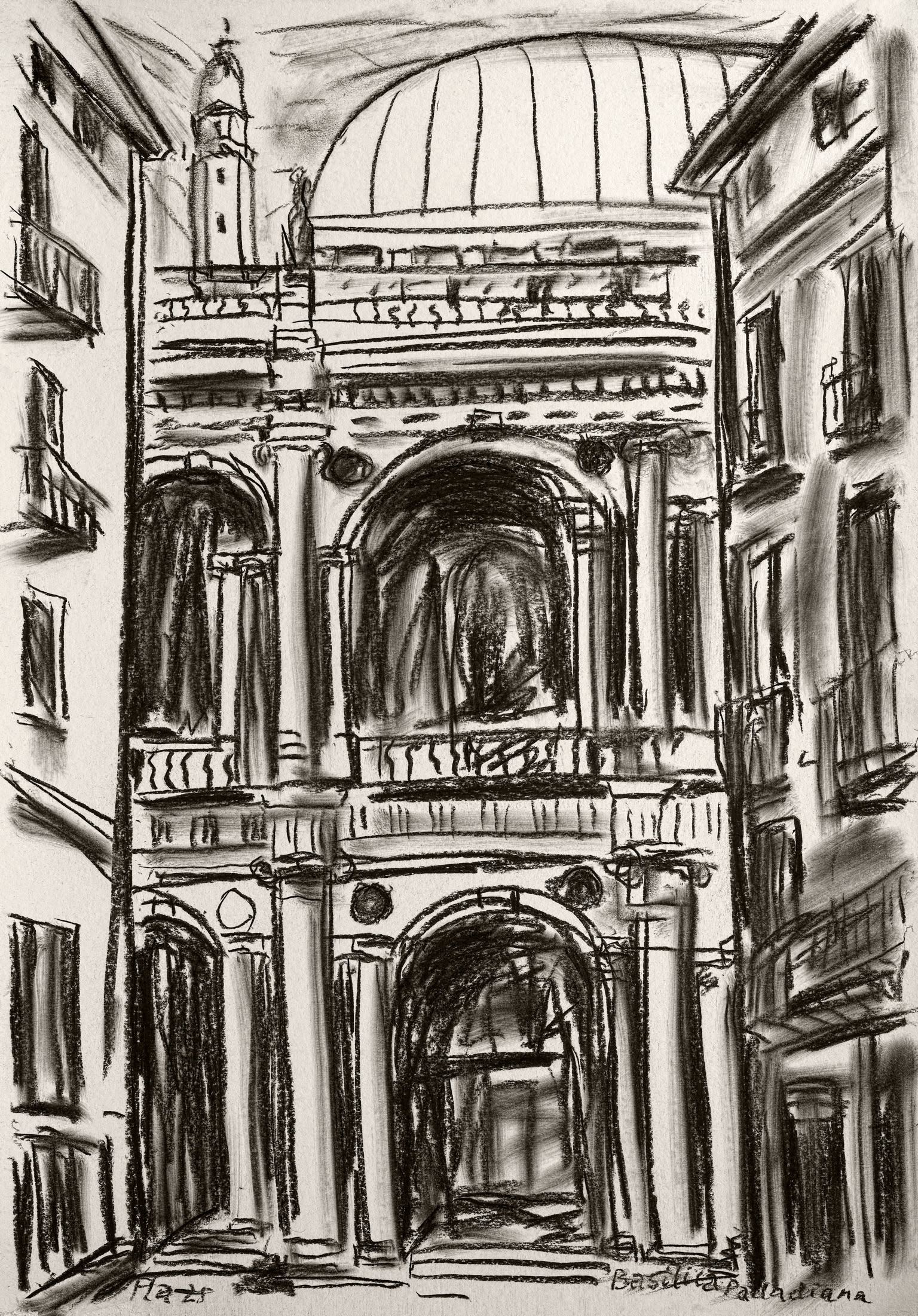 Bildtitel: Basilica Palladiana, Vicenza Kurzbeschreibung: Die Schwarz-Weiß-Zeichnung zeigt eine markante, zweigeschossige Fassade der Basilica Palladiana, die von zwei schmalen, angrenzenden Gebäuden mit Balkonen und Fenstern flankiert wird. Das zentrale Gebäude ist architektonisch reich gegliedert: Im Erdgeschoss führt ein großer, dunkler Rundbogen als Durchgang in das Gebäudeinnere, gerahmt von massiven Säulen. Darüber befindet sich eine offene Loggia mit einer weiteren hohen Rundbogen-Nische, die tiefe Schatten aufweist. Das Bauwerk wird von einer großen, segmentierten Kuppel und einem schlanken Glockenturm an der linken Seite bekrönt. Die Zeichnung nutzt starke Kontraste aus tiefschwarzen Schraffuren und weißen Aussparungen, um die plastischen Formen der Architektur hervorzuheben. Technik: Kohlestift auf Karton, 70 x 100 cm, 2024 Künstler: Peter Flachmann (Diese Kurzbeschreibung wurde mit KI erstellt.)