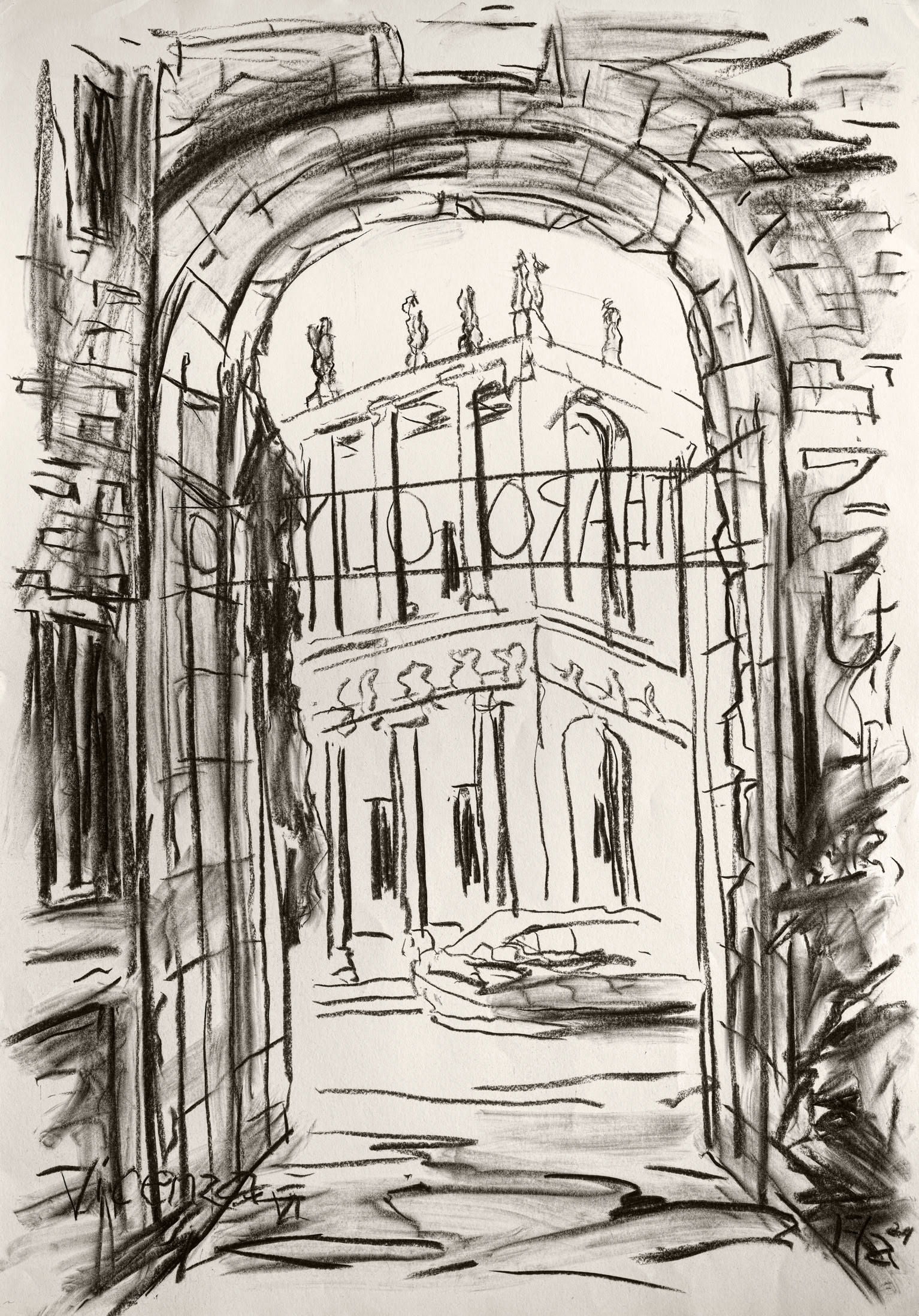 Bildtitel: Eingangstor zum Teatro Olimpico in Vicenza Kurzbeschreibung: Die Schwarz-Weiß-Zeichnung zeigt eine perspektivische Ansicht durch einen massiven, rustikalen Rundbogen, der den Blick auf ein im Hintergrund liegendes, klassizistisches Gebäude freigibt. Das Mauerwerk des Torbogens ist mit kräftigen, rauen Strichen skizziert. Durch die Öffnung erblickt man die Fassade des Teatro Olimpico mit ihren schlanken Säulen, dem charakteristischen, mehrfach gegliederten Gebälk und einer Reihe von Statuen, die auf der obersten Balustrade thronen. Am Boden vor dem Gebäude deuten flüchtige Linien eine große Freitreppe oder einen Weg an. Die Zeichnung fängt die räumliche Tiefe ein und nutzt starke Licht-Schatten-Kontraste. Unten links ist die Ortsangabe "Vicenza" sowie die Signatur und das Jahr "24" des Künstlers vermerkt. Technik: Kohlestift auf Karton, 70 x 100 cm, 2024 Künstler: Peter Flachmann (Diese Kurzbeschreibung wurde mit KI erstellt.)