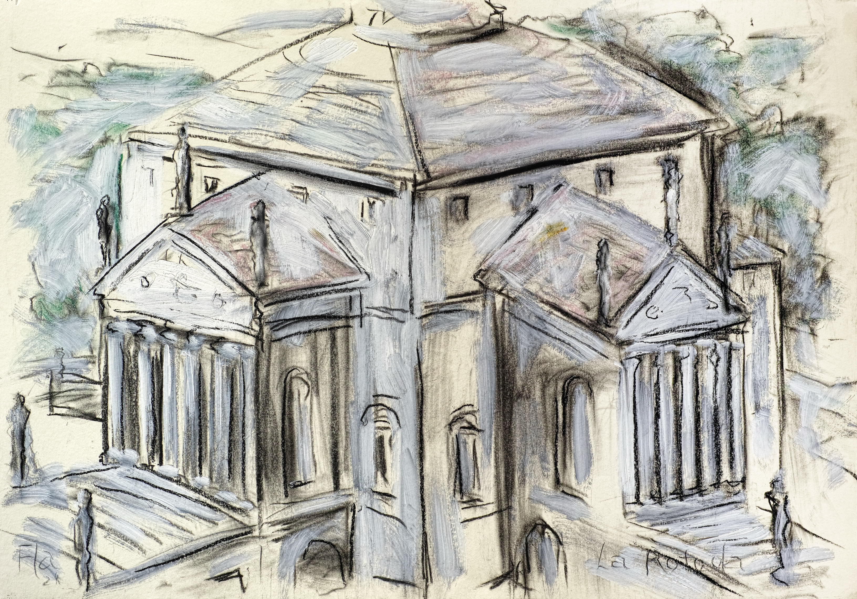 Bildtitel: Villa Rotonda bei Vicenza II Kurzbeschreibung: Die Zeichnung zeigt eine perspektivische Ansicht der Villa Rotonda, eines klassischen Zentralbaus mit einer flachen, mehrteiligen Kuppel. An zwei sichtbaren Fassaden treten markante Portici mit Säulen und dreieckigen Giebeln (Tempelfronten) hervor, zu denen Freitreppen hinaufführen. Das Gebäude ist mit rundbogigen und rechteckigen Nischen sowie kleinen Fenstern gegliedert. Auf den Treppen und Giebeln sind schemenhaft Figuren oder Statuen angedeutet. Die Umgebung ist durch weiche Farbakzente in Grün und Blau sowie leichte Schraffuren als Landschaft mit Bäumen und Himmel skizziert. Im Vergleich zu einer reinen Kohlezeichnung wirkt das Blatt durch die eingesetzte Mischtechnik (Kohlestift kombiniert mit farbigen Kreiden oder Pastellen) in einem insgesamt kühleren, gedämpften Farbton, der das Licht und die Atmosphäre einfängt. Unten rechts steht die Beschriftung "La Rotonda", unten links die Signatur des Künstlers. Technik: Mischtechnik auf Karton, 2024 Künstler: Peter Flachmann (Diese Kurzbeschreibung wurde mit KI erstellt.)